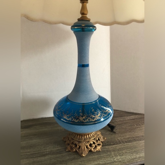Vtg France Made Blue Sugared Glass Table Lamp - Picture 8 of 13